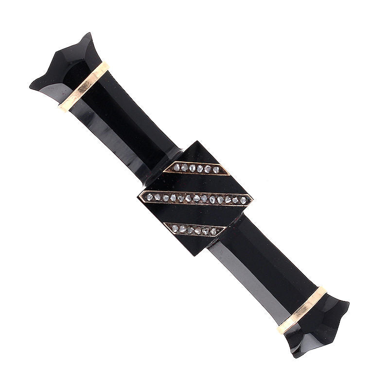 Ladies 14kt Yellow Gold 1.2mm Rose Cut Diamonds and Black Onyx Brooch Circa 1890