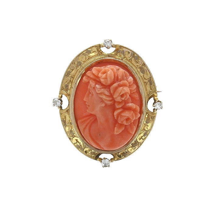 Ladies 10kt Yellow Gold 0.16cts Diamond and Carved Cameo Brooch Circa 1895