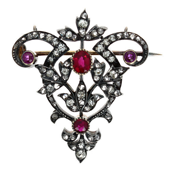 Ladies Silver and 14kt Yellow Gold 1.22cts Ruby and 1.50cts Diamond Brooch Circa 1900