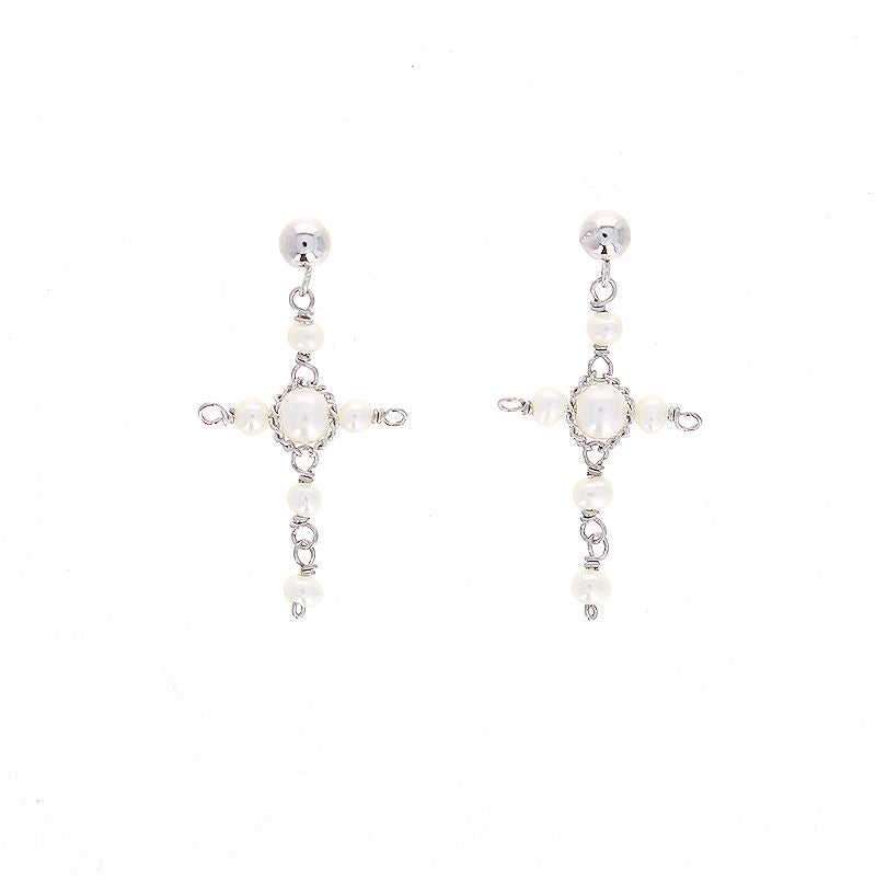 Ladies 14kt White Gold Pearl Cross Earrings