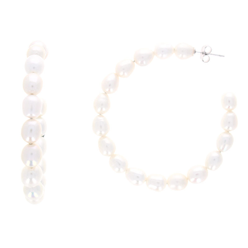 Ladies Sterling Silver Fresh Water Pearl Hoop Earrings