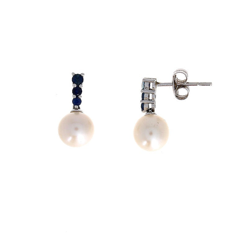Ladies 14kt White Gold 7-7.5mm Freshwater Pearl and 0.25cts Sapphire Earrings