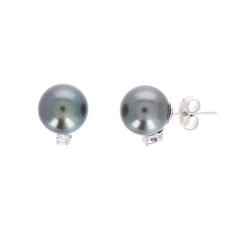 Ladies 14kt White Gold 8-9mm Tahitian Pearl and 0.10cts Diamond Stud Earrings