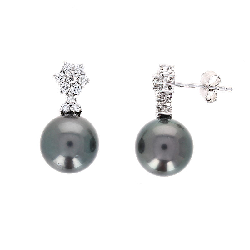 Ladies 14kt White Gold Tahitian Pearl and 0.49cts Diamond Earrings