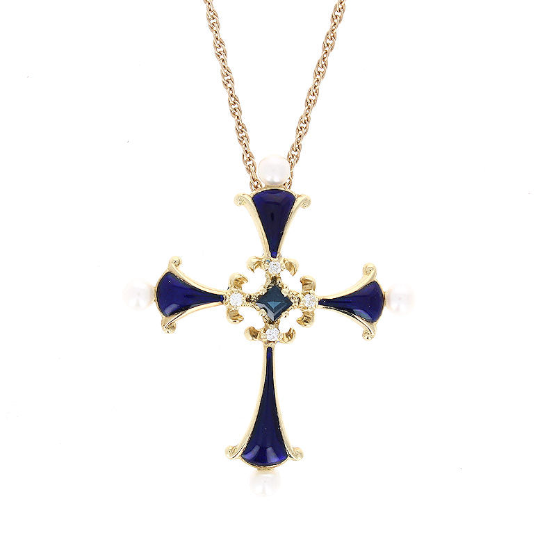 Ladies 14kt Yellow Gold 0.15ct Sapphire and 0.06cts Diamond and Pearl Pendant