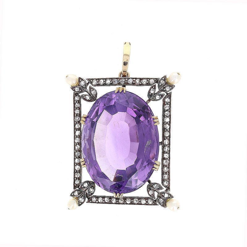 Ladies18kt Yellow Gold and Sterling 52.79ct Amethyst, Pearl, and 0.45cts Diamond Pendant Circa 1890