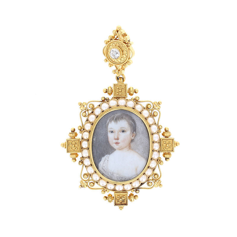 Ladies 14kt Yellow Gold Pearl and Diamond Memoriam Locket Pendant Circa 1870