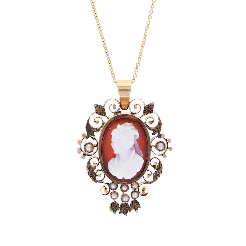 Ladies 14kt Rose Gold Cameo And 1.75mm Natural Pearl Pendant Circa 1880