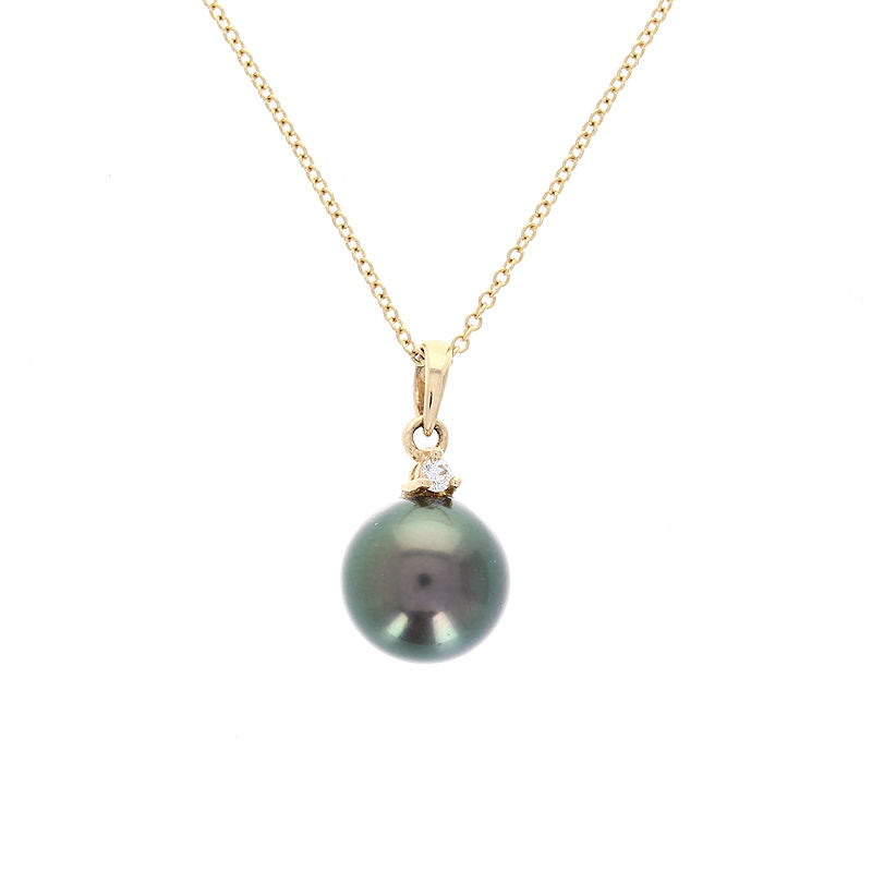 Ladies 14kt Yellow Gold 9.15mm Tahitian Pearl and 0.03ct Diamond Pendant