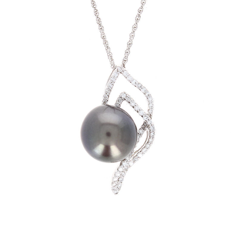 Ladies 18kt White Gold 12mm Tahitian Pearl and Diamond Pendant