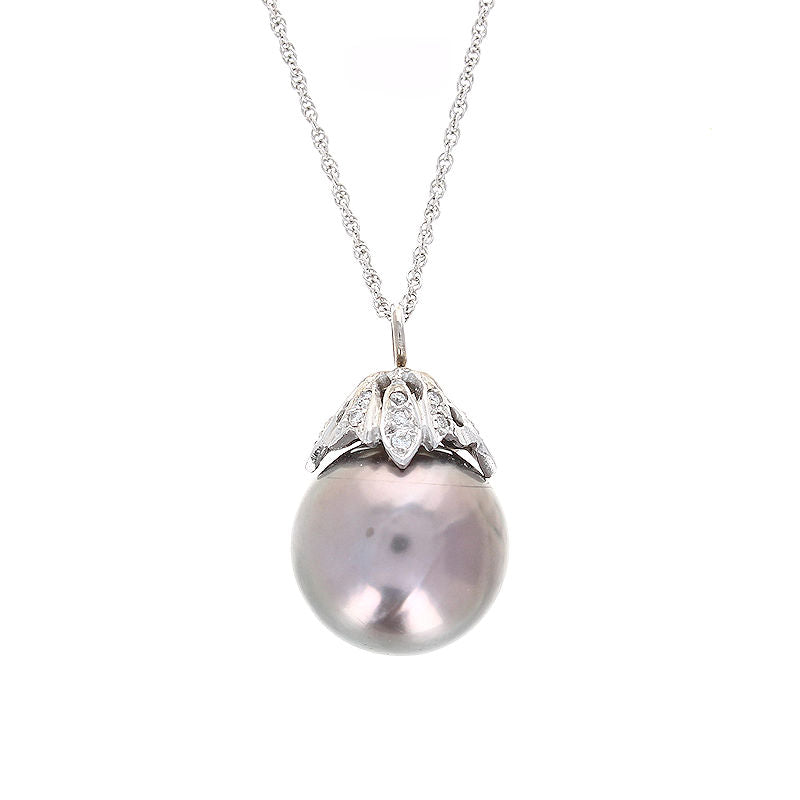 Ladies 14kt White Gold 14.5mm Tahitian Pearl and Diamond Pendant