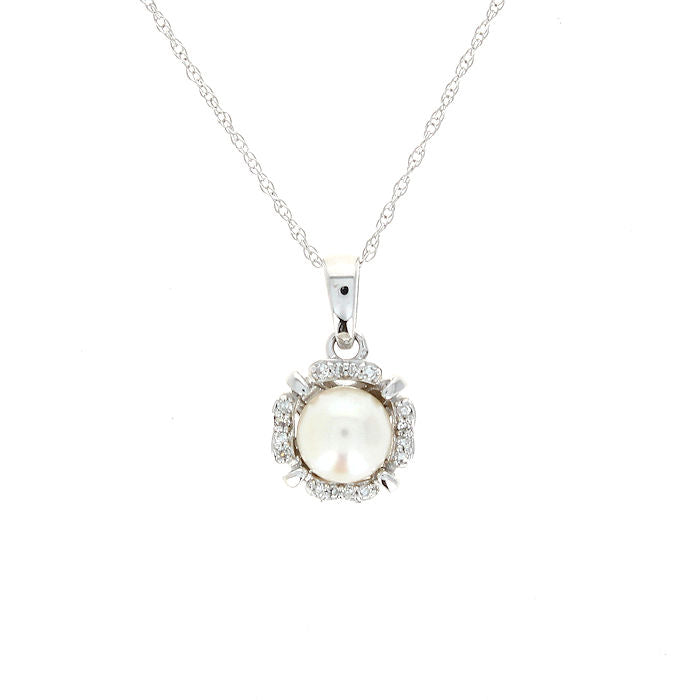 Ladies 14kt White Gold 6.50mm Pearl and Diamond Pendant