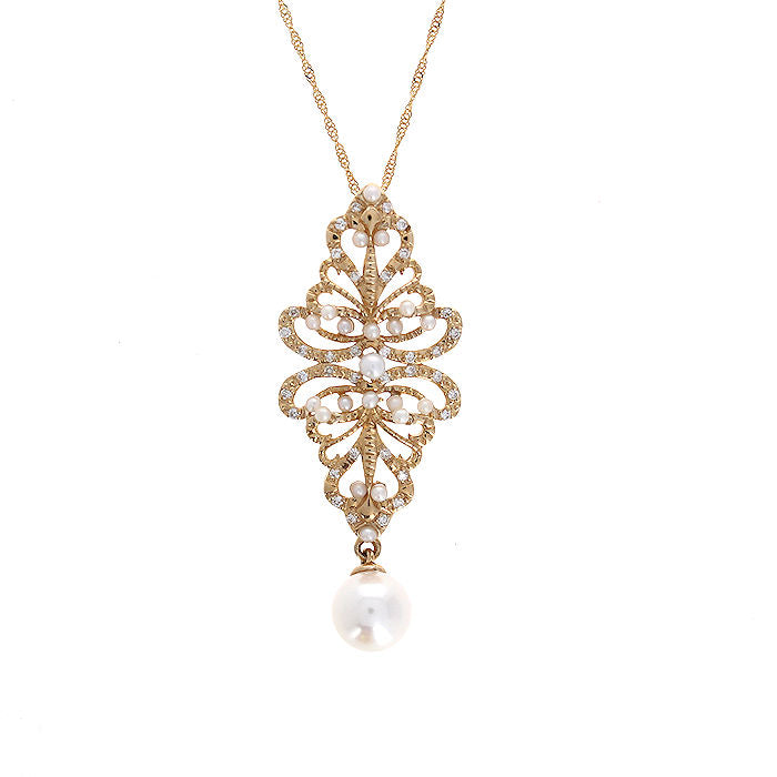 Ladies 14kt Yellow Gold 7.35mm Pearl and 0.20cts Diamond Pendant