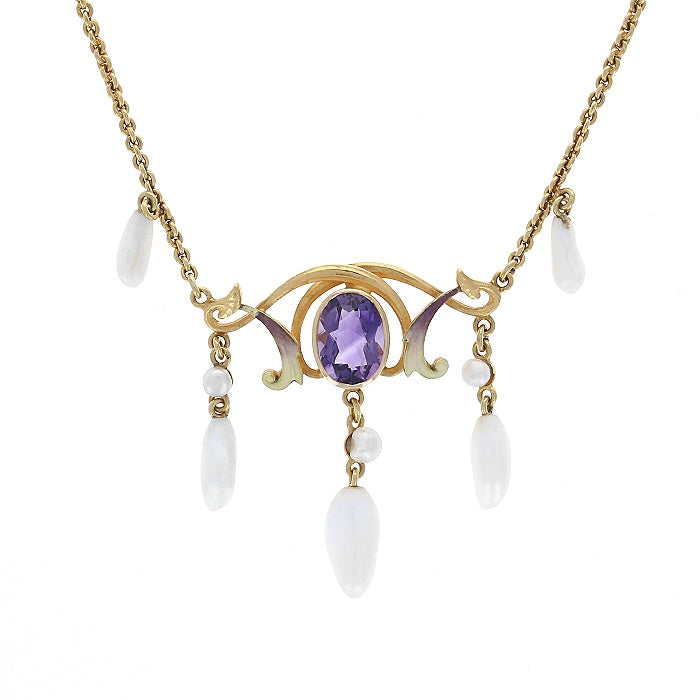Ladies 14kt Yellow Gold 1.30ct Amethyst and Pearl Necklace Circa 1895