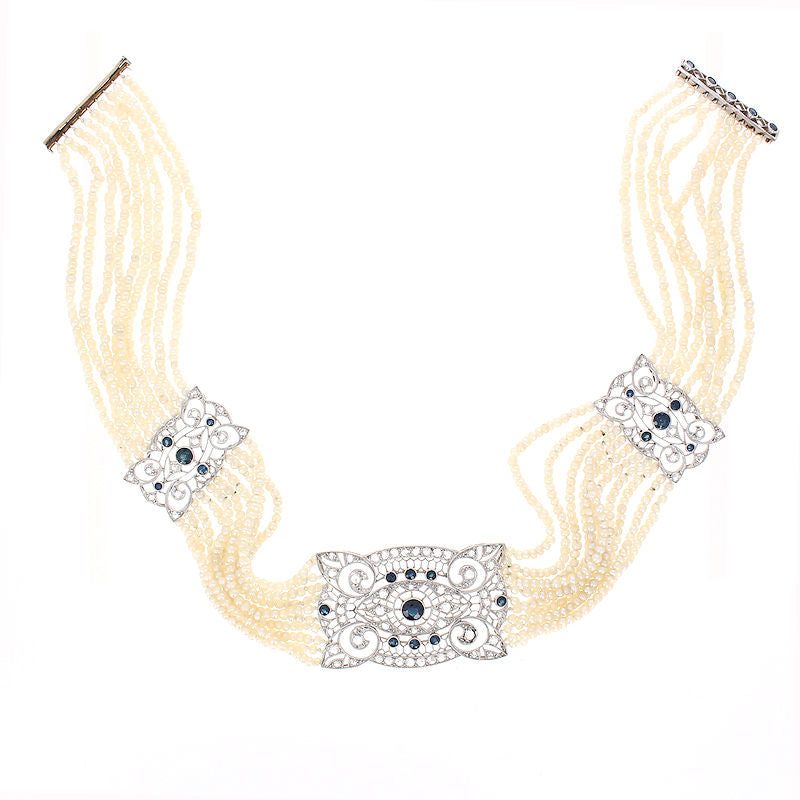 Ladies Platinum Blue Sapphire, Diamond, and Pearl Necklace Circa 1905