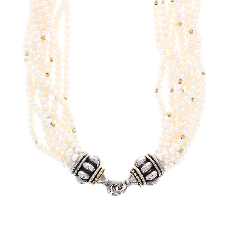 Ladies Sterling Silver and 18kt Yellow Gold Multi-Strand 3.8-4.5mm Pearl Necklace