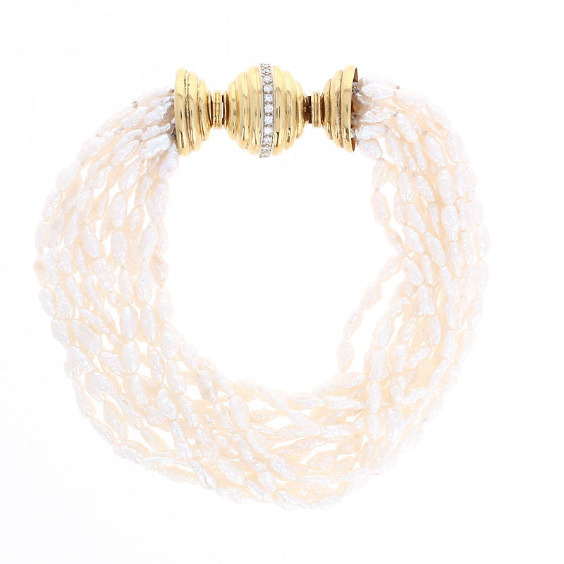 Ladies 18kt Yellow Gold 3.5mm Pearl and 0.22cts Diamond Multi-Strand Bracelet