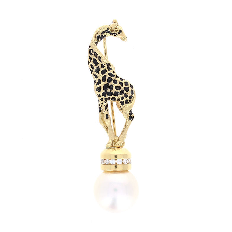 Ladies 18kt Yellow Gold 0.35cts Diamond and 14mm South Seas Pearl Giraffe Brooch