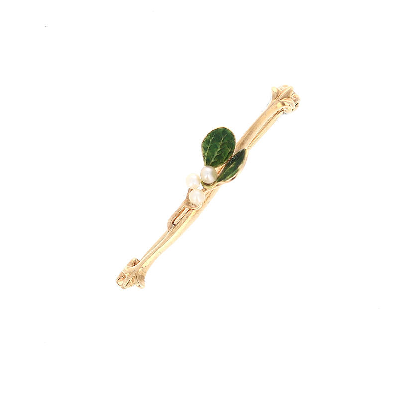 Ladies 14kt Yellow Gold Natural Pearl and Enameled Bar Pin Circa 1895