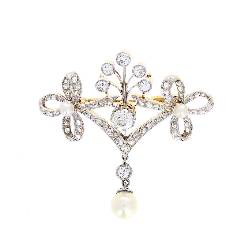 Ladies Platinum And 18kt Yellow Gold Pearl and Diamond Brooch Circa 1890