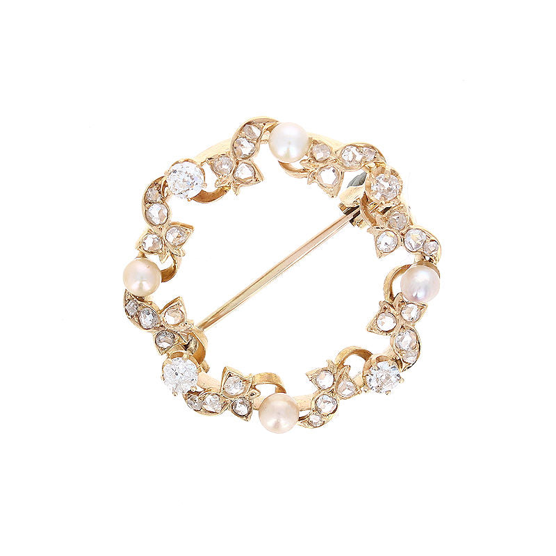 Ladies 15kt Yellow Gold 1.17cts Diamond and Pearl Brooch Circa 1900