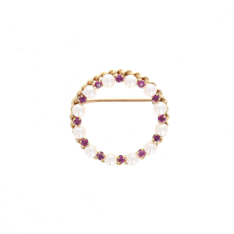 Ladies 14kt Yellow Gold 3.5mm Pearl and 0.60cts Ruby Circular Brooch