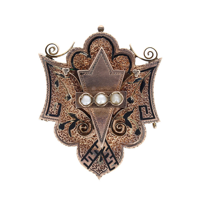 Ladies 10kt Rose Gold Pearl and Enamel Brooch Circa 1865