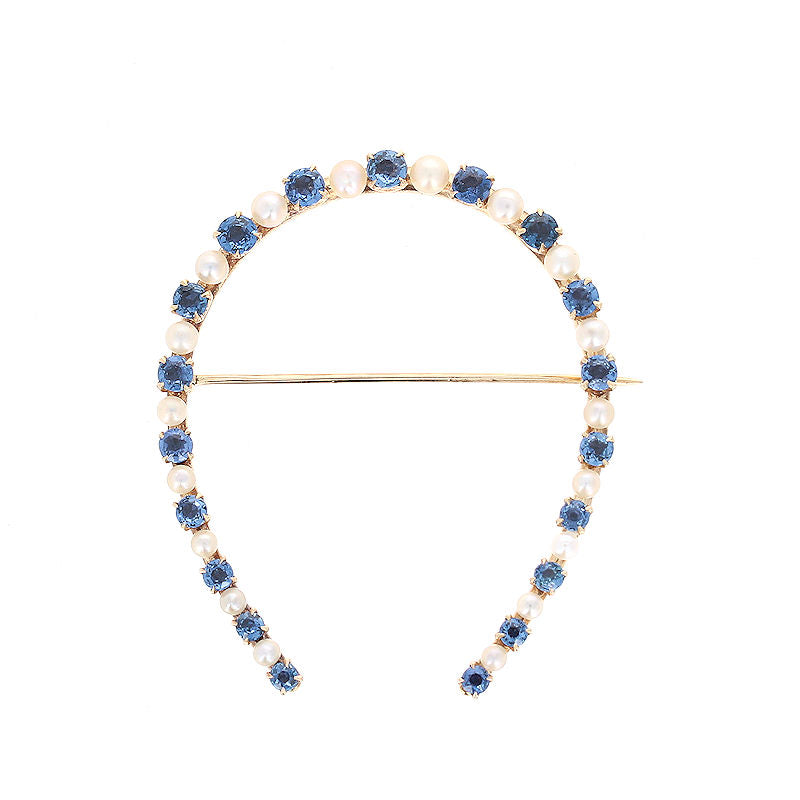 Ladies 14kt Yellow Gold 3.61cts Sapphire and Natural Pearl Brooch Circa 1895