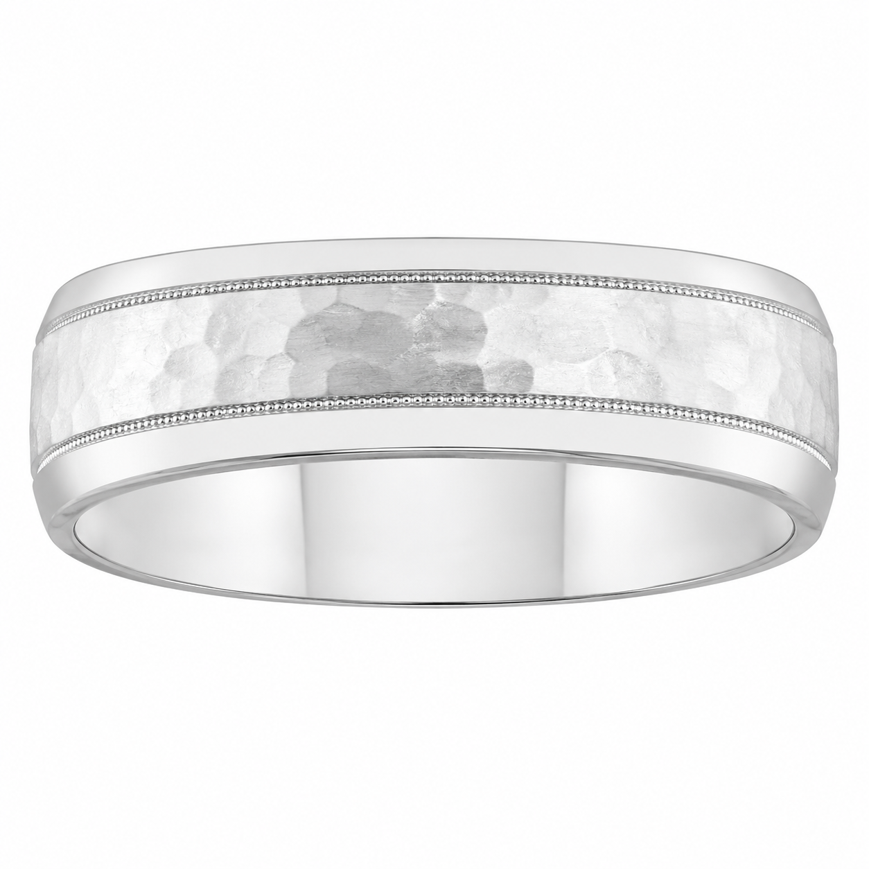 Mens 18kt White Gold 8mm Hammered Wedding Band