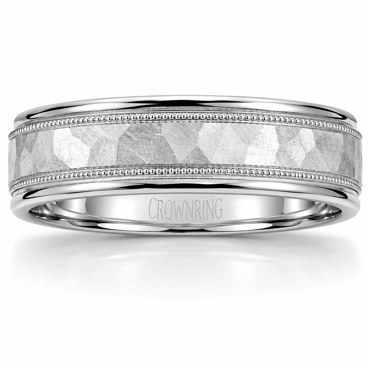 Mens 14kt White Gold 6.14mm Hammered Wedding Band