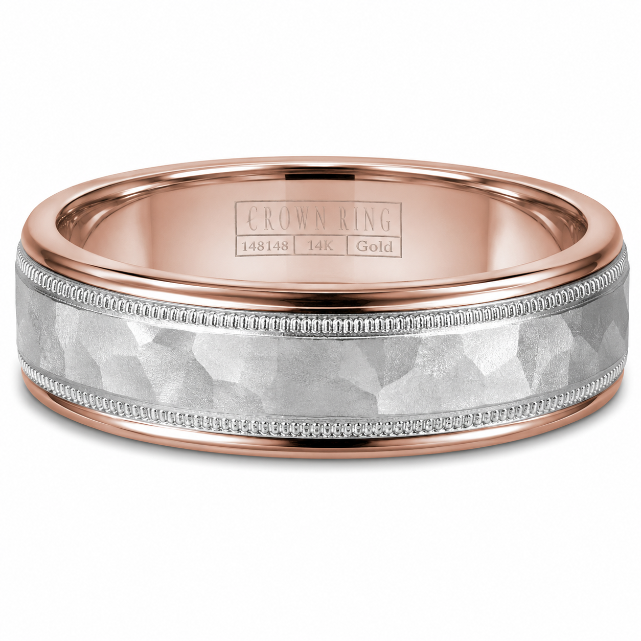 Mens 14kt Two Tone 7mm Hammered Wedding Band