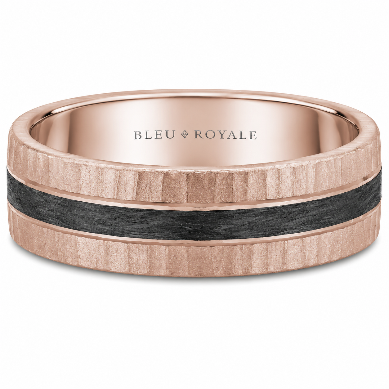 Mens 14kt Rose Gold 8mm Carbon Inlay Hammered Wedding Band