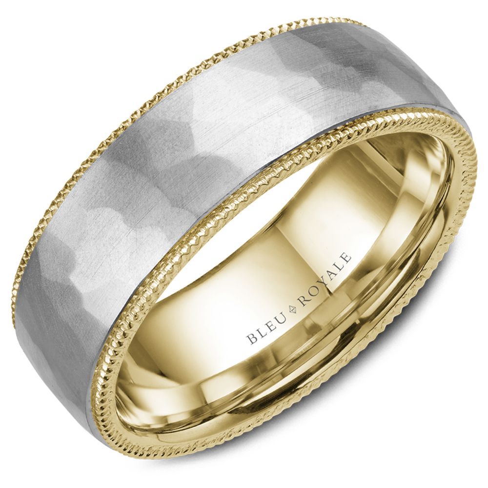 Men's 14kt White and Yellow Gold 7.5mm Hammered Wedding Band