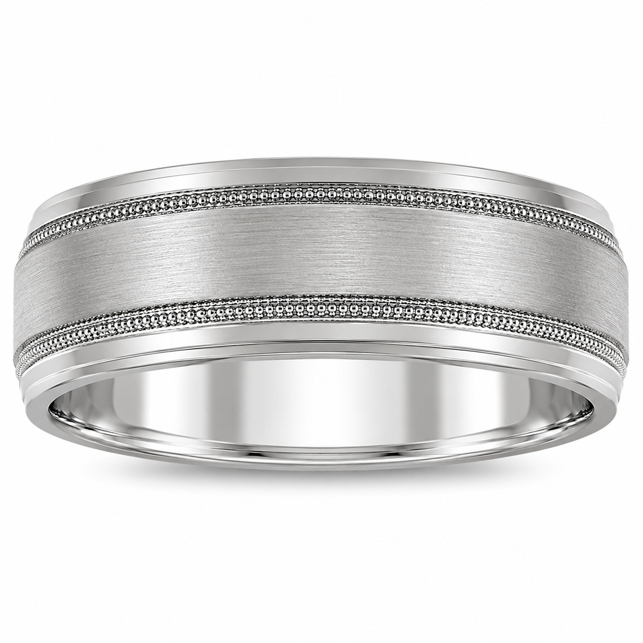 Mens 10kt White Gold 8mm Satin and Milgrain Wedding Band