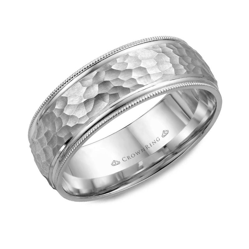 Mens 14kt White Gold 7.5mm Hammered Wedding Band