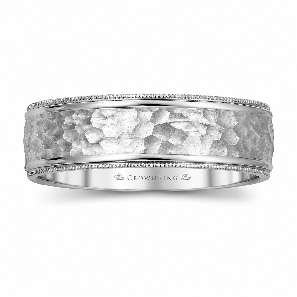 Mens 14kt White Gold 7.5mm Hammered Wedding Band