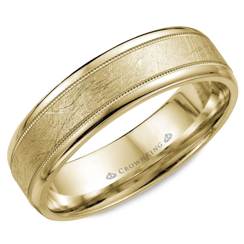 Men's 14kt Yellow Gold 6mm Diamond Brush Milgrain Wedding Band
