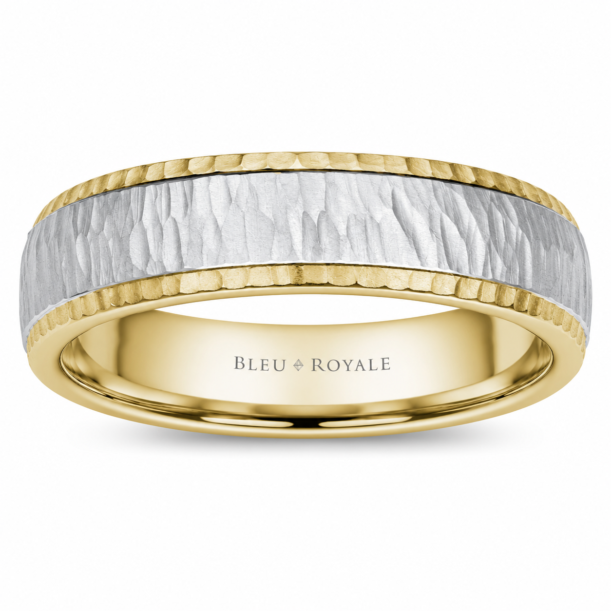 Mens 14kt White and Yellow Gold 7.55mm Satin Bark Wedding Ring
