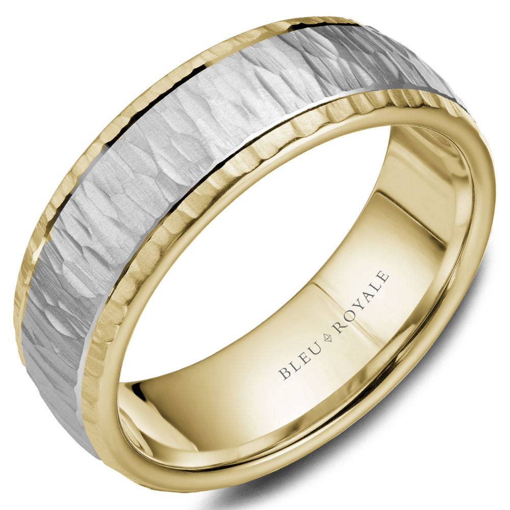 Men's 14kt White and Yellow Gold 7.55mm Satin Bark Wedding Ring