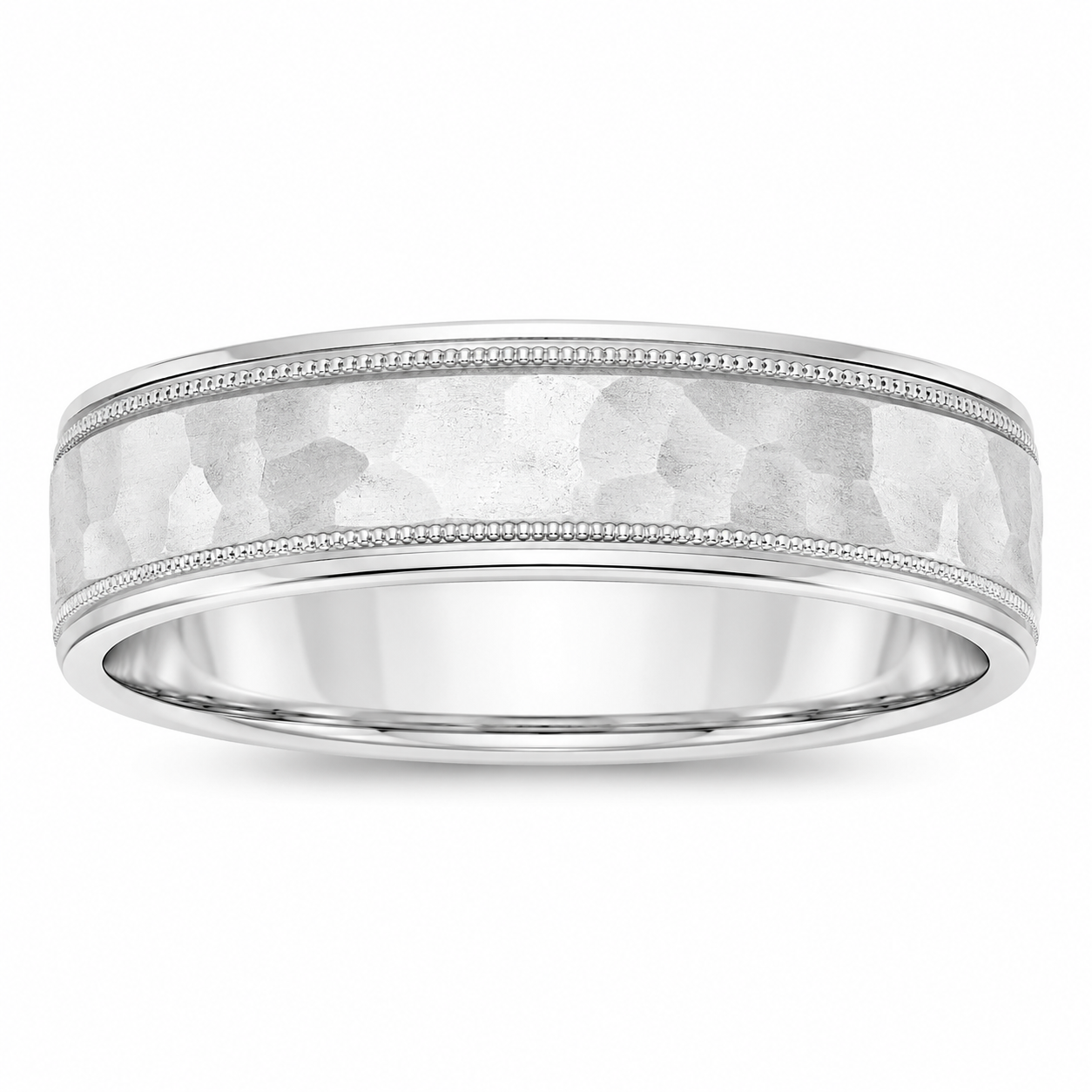Mens 14kt White Gold 6.5mm Hammered Wedding Band
