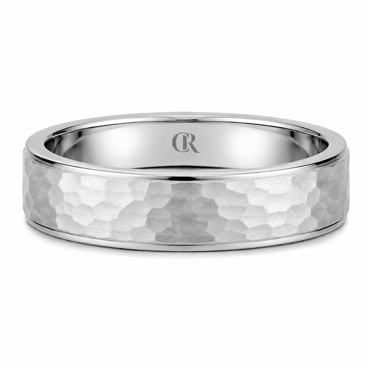 Mens 14kt White Gold 5mm Hammered Wedding Band