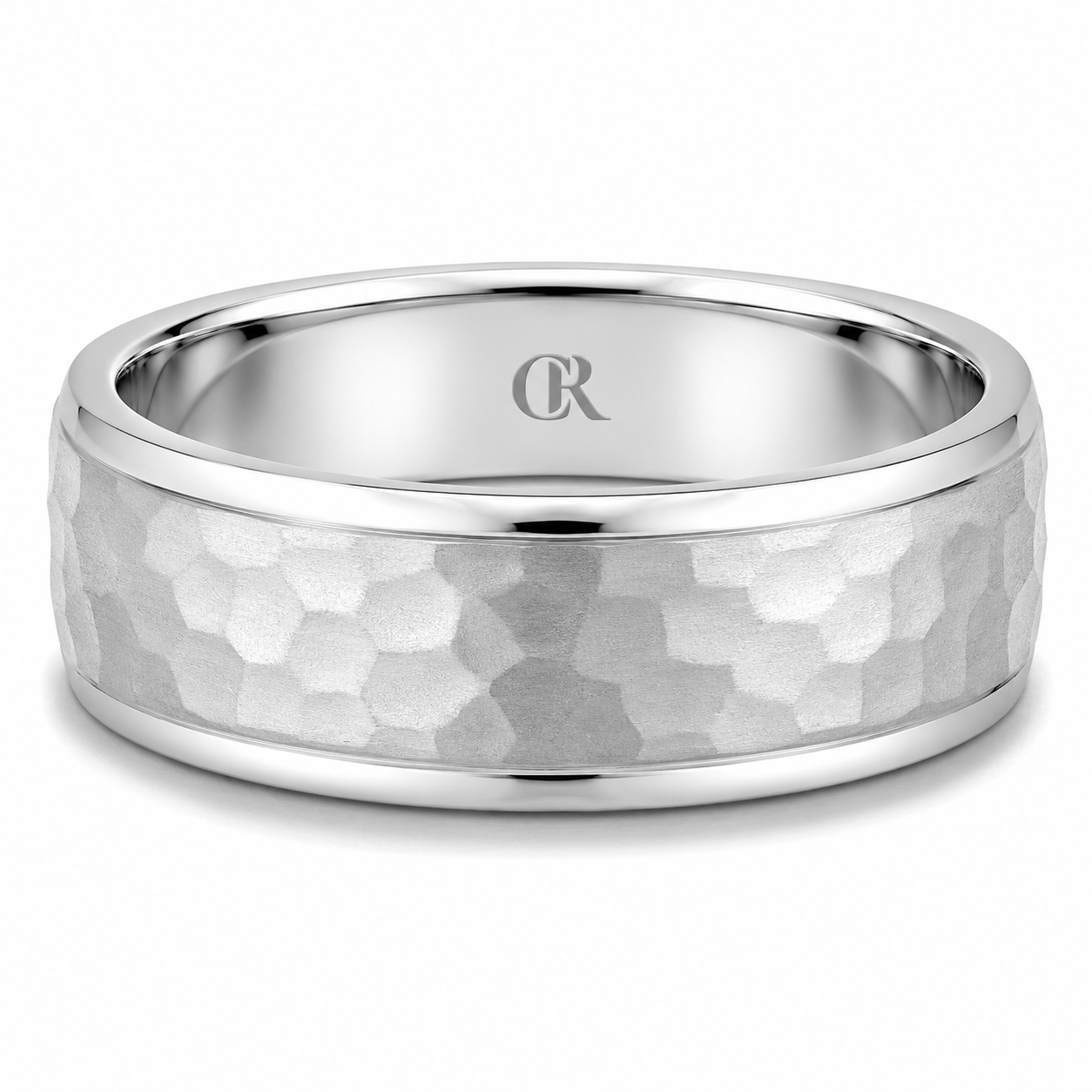 Mens 14kt White Gold 6mm Frosted Hammered Wedding Band