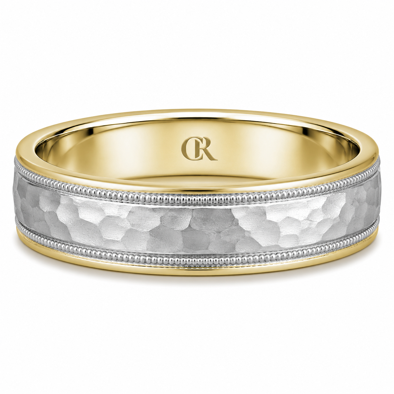 Mens 14kt Two Tone 6mm Hammered Wedding Band