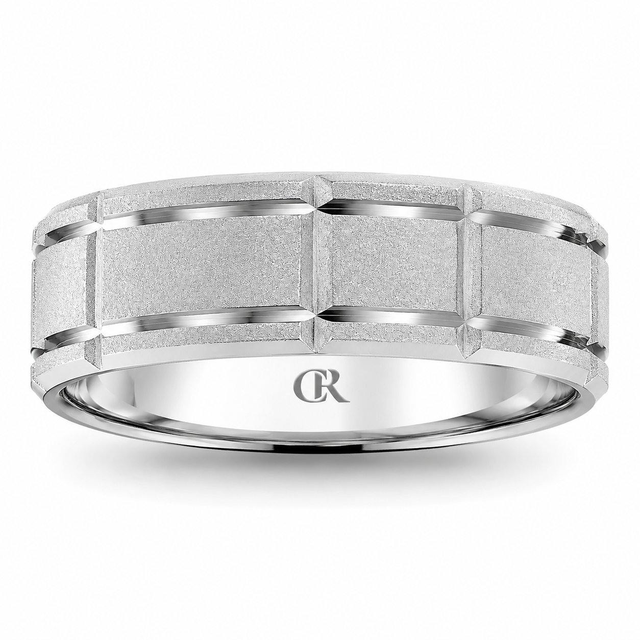 Mens 14kt White Gold 7mm Sandblast Wedding Band