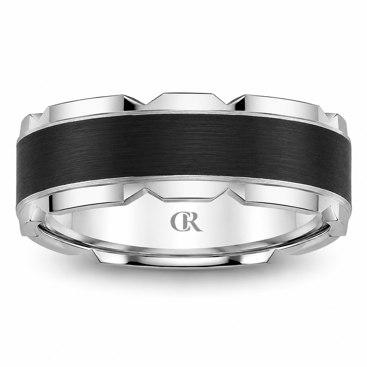 Mens 14kt White Gold 7mm Black Enameled Wedding Band
