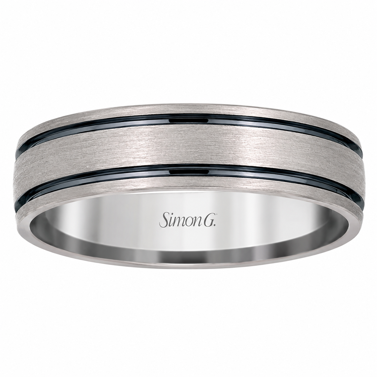 Mens 14kt White Gold 8mm Black Stripe Wedding Band By Simon G