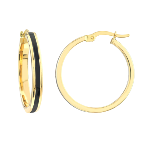Ladies 14kt Yellow Gold Black Enamel Hoop Earrings