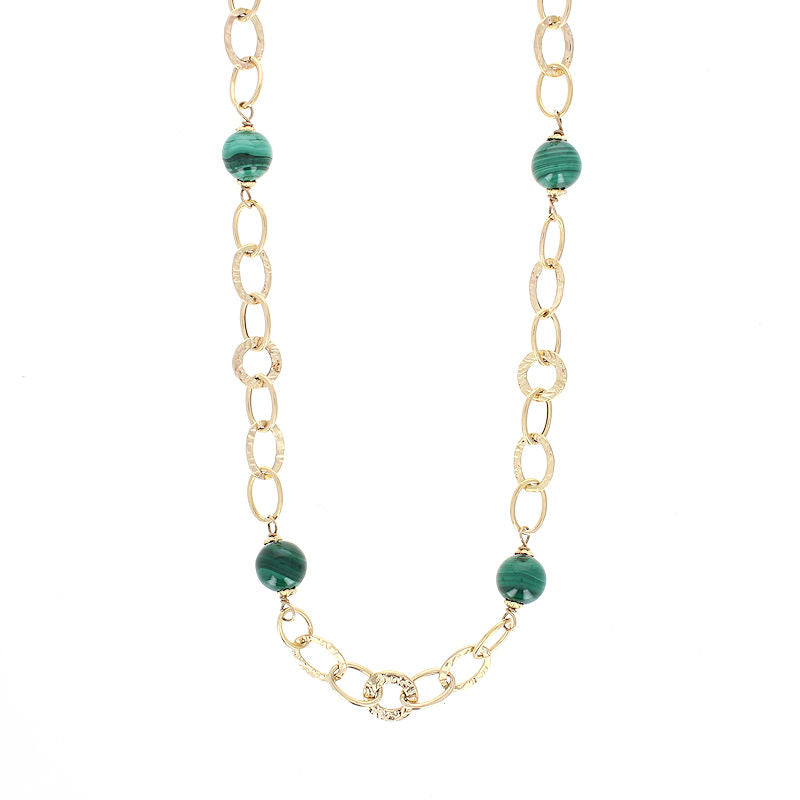 Ladies 14kt Yellow Gold Link and Malachite Beaded Necklace