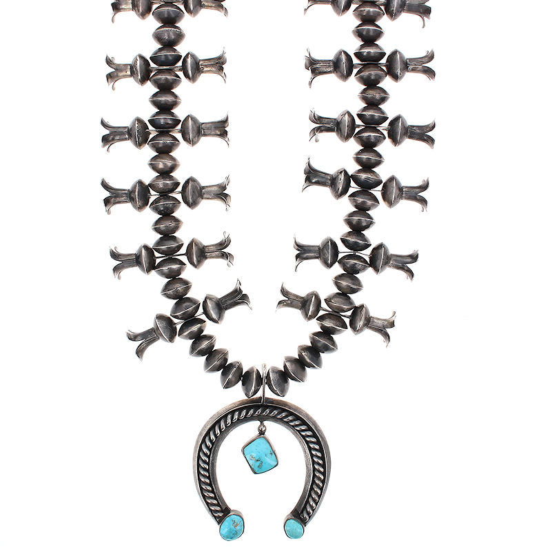 Sterling Silver Vintage Navajo Indian Turquoise Squash Blossom Circa 1960's