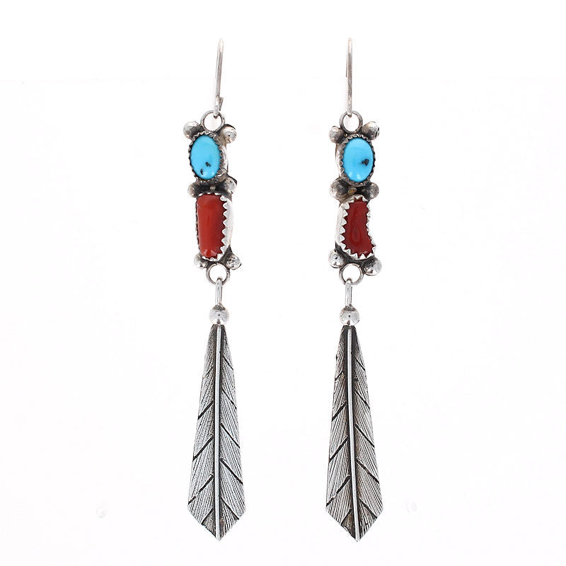 Ladies Sterling Silver Turquoise and Coral Feather Earrings
